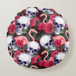 Floral skull, flamingo seamless pattern. round cushion