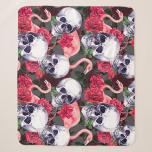 Floral skull, flamingo seamless pattern. sherpa blanket