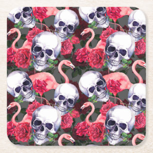Floral skull, flamingo seamless pattern. square paper coaster