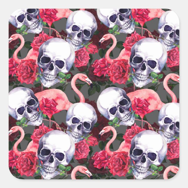 Floral skull, flamingo seamless pattern. square sticker (Front)
