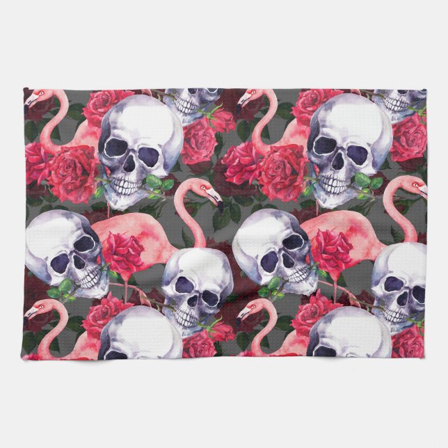 Floral skull, flamingo seamless pattern. tea towel (Horizontal)