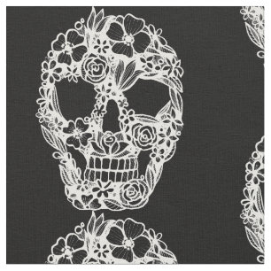 floral skull flowers intricate gothic white fabric