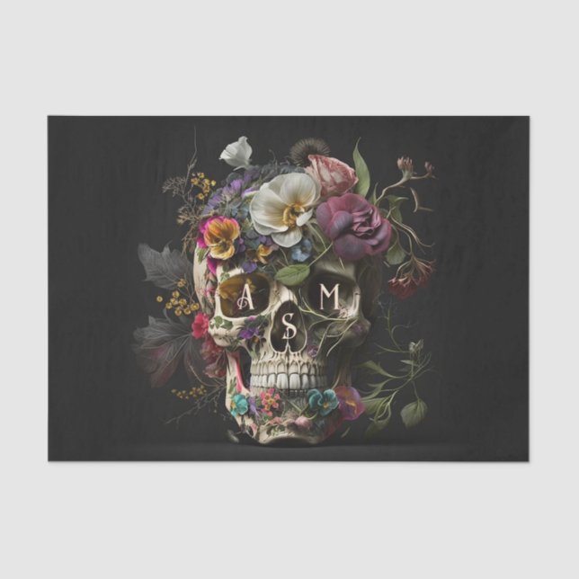 Floral Skull Goth Pagan Monogram Initials Tissue Paper (Front)