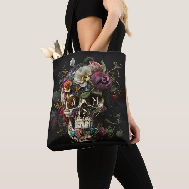 Floral Skull Goth Pagan Monogram Initials Tote Bag (Close Up)