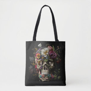 Floral Skull Goth Pagan Monogram Initials Tote Bag