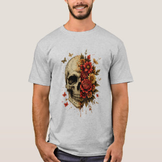 Floral Skull Gothic Art | Vintage Skull with Red . T-Shirt