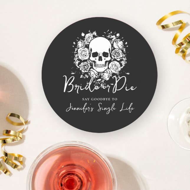 Floral Skull Gothic Black Bachelorette Party  Round Paper Coaster (Creator Uploaded)