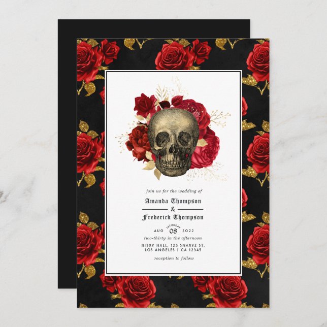 Floral Skull Gothic Wedding Photo Invitation (Front/Back)