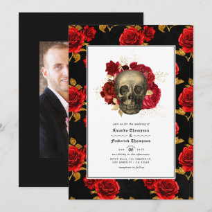 Floral Skull Gothic Wedding Photo Invitation