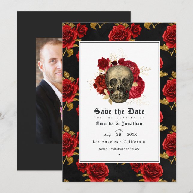 Floral Skull Gothic Wedding Photo Save The Date (Front/Back)