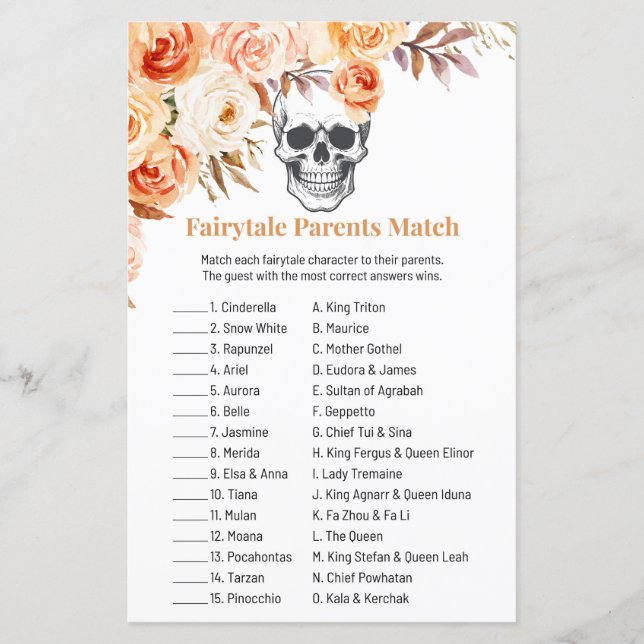 Floral Skull Halloween Fairytale Match Game (Front)