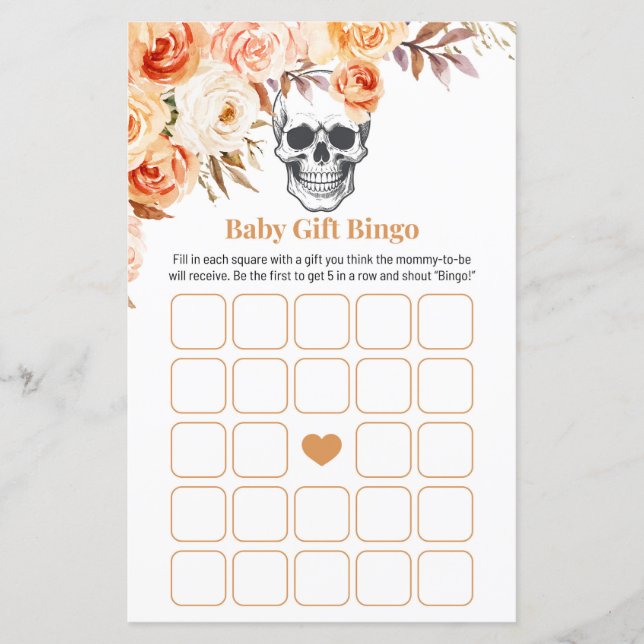 Floral Skull Halloween Gothic Fall Bingo Game (Front)