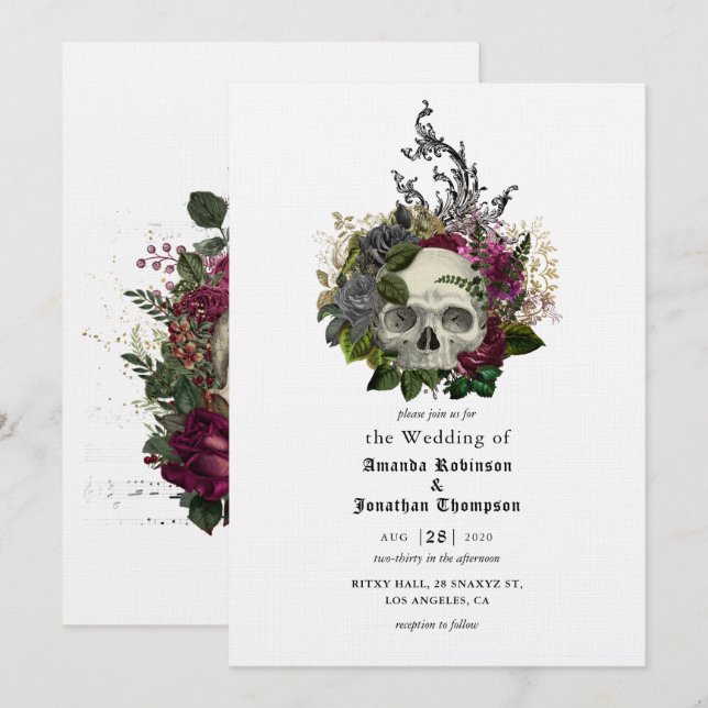 Floral Skull Halloween Gothic Wedding Invitation (Front/Back)
