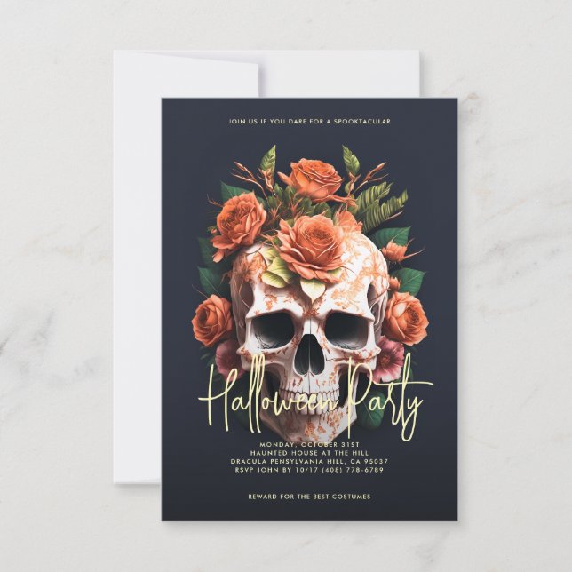 Floral Skull Halloween Party Dark Grey Invitation (Front)