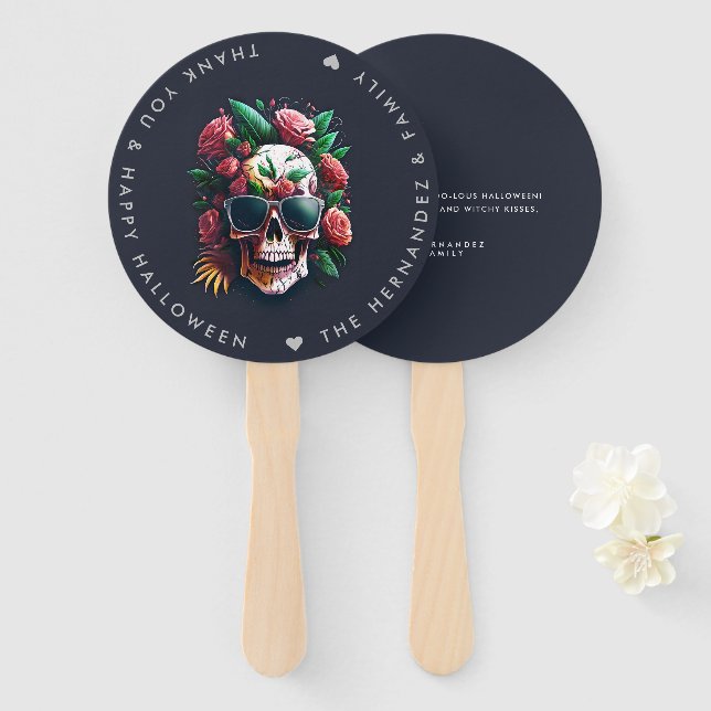 FLORAL SKULL Halloween Party Family Name Custom Hand Fan (Front and Back)