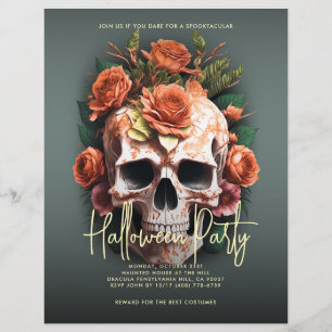Floral Skull Halloween Party Moss Green Flyer