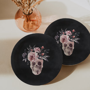 Floral Skull Halloween Party Paper Plate