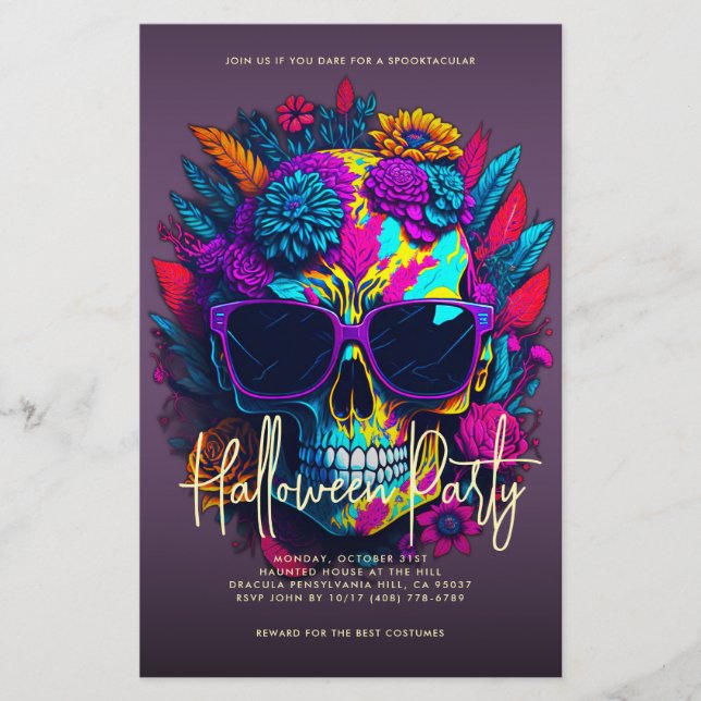 Floral Skull Halloween Party Purple Flyer (Front)
