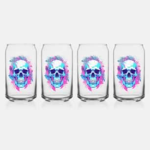 Floral Skull in Vaporwave Style Can Glass