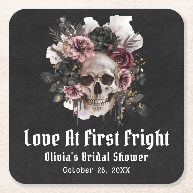 Floral Skull Love at first fright Bridal Shower Square Paper Coaster (Front)