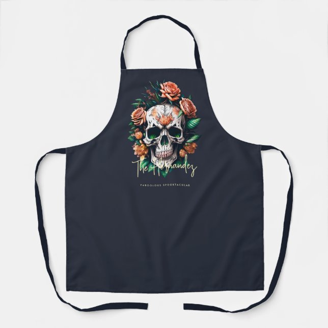 Floral Skull Monogram Family Name Halloween Apron (Front)
