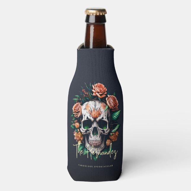 Floral Skull Monogram Family Name Halloween Bottle Cooler (Bottle Front)