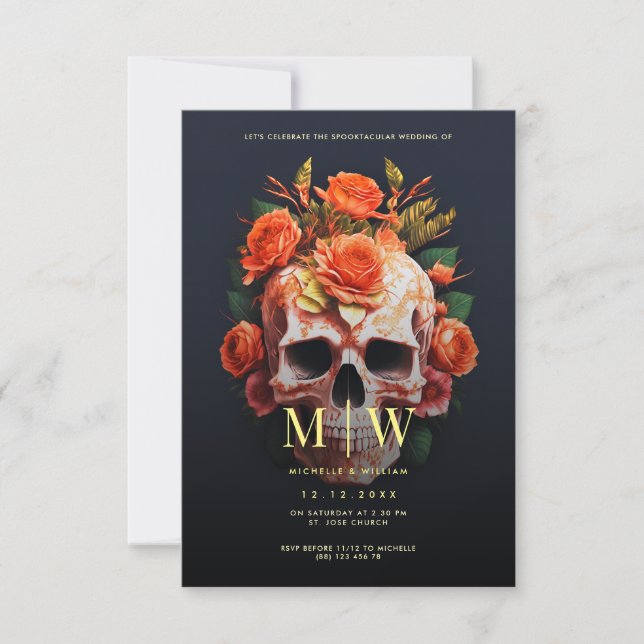 Floral Skull Monogram Halloween Wedding Invitation (Front)