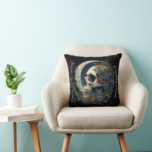 Floral Skull & Moon Celestial Gothic Art on Black Cushion