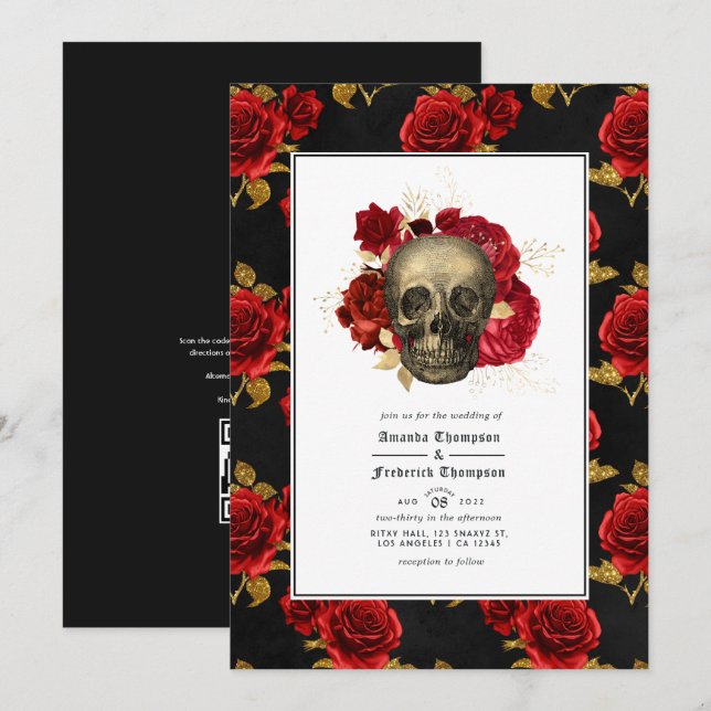 Floral Skull QR Code RSVP Gothic Wedding Invitation (Front/Back)