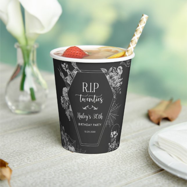 Floral Skull RIP Twenties 30th Birthday Party Paper Cups (Insitu)