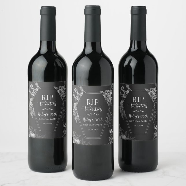 Floral Skull RIP Twenties 30th Birthday Party Wine Label (Bottles)