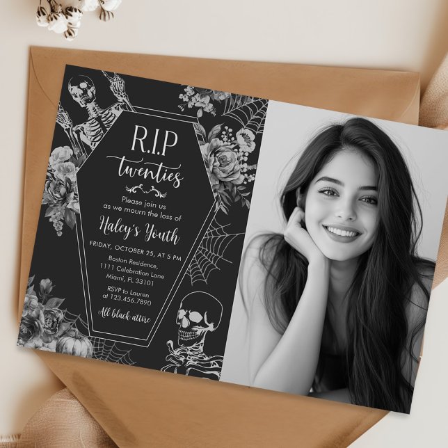 Floral Skull RIP Twenties 30th Birthday Photo Invitation (Creator Uploaded)