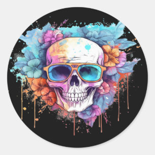 Floral Skull Shades Classic Round Sticker