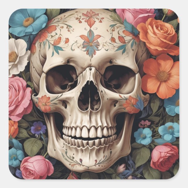 Floral skull square sticker (Front)