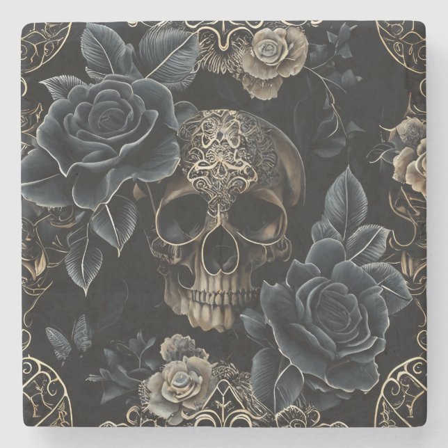 Floral Skull Stone Coaster (Front)