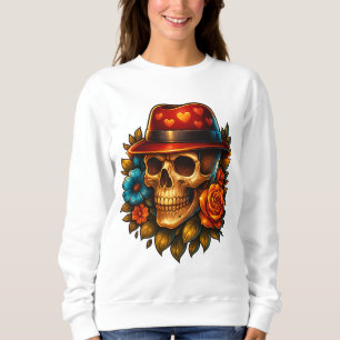 Floral Skull Sweatshirt – Gothic Red Hat Skull Art
