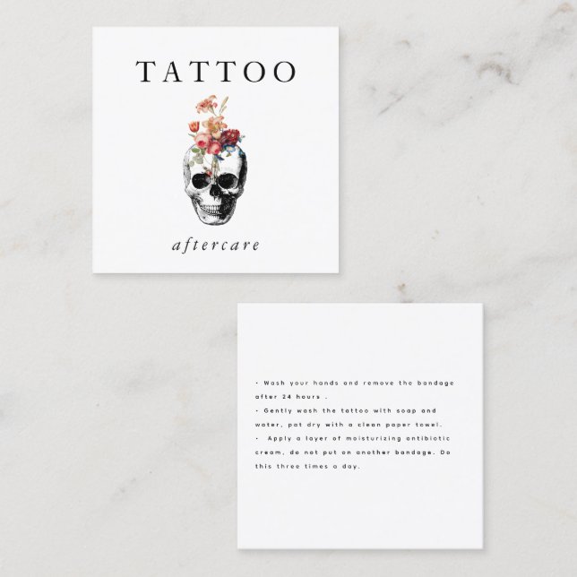 Floral Skull Tattoo Aftercare Instructions Square Business Card (Front/Back)
