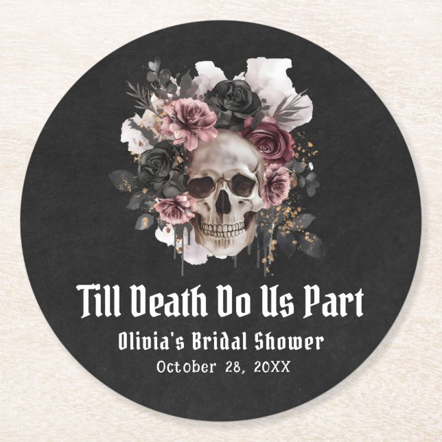 Floral Skull Till Death Do Us Part Bridal Shower Round Paper Coaster (Front)