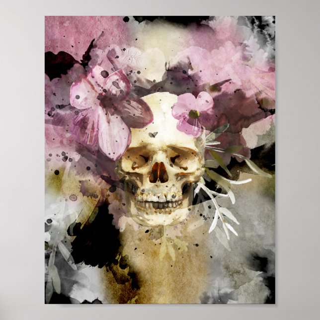 Floral Skull Watercolor Poster (Front)