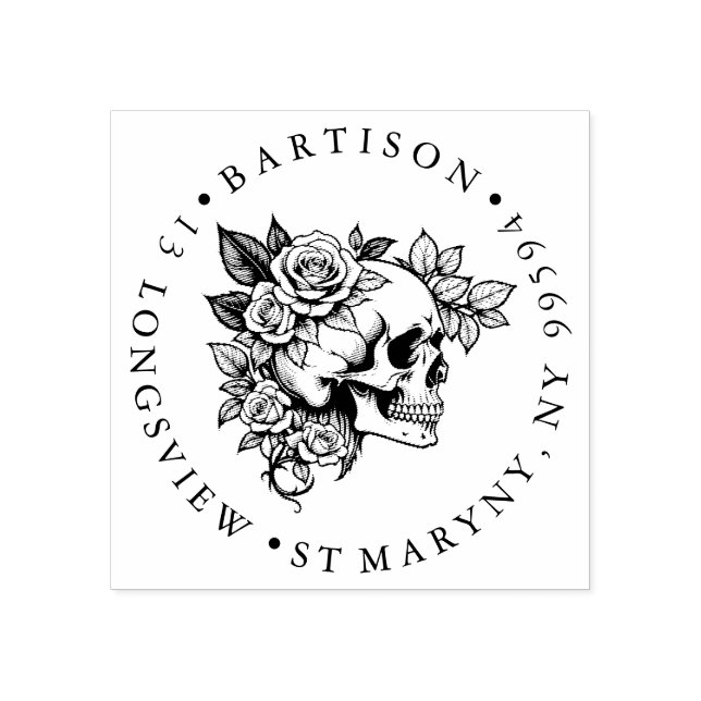 Floral Skull Wooden ADDRESS RUBBER STAMP (Imprint)