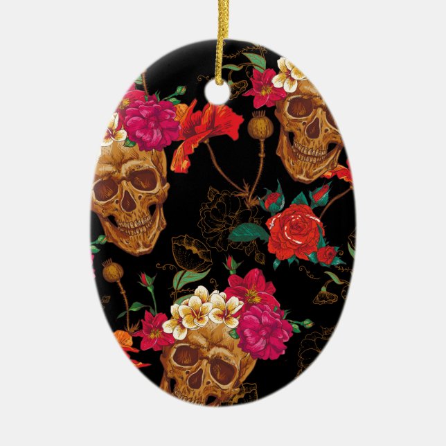 floral Skulls Ceramic Tree Decoration (Front)