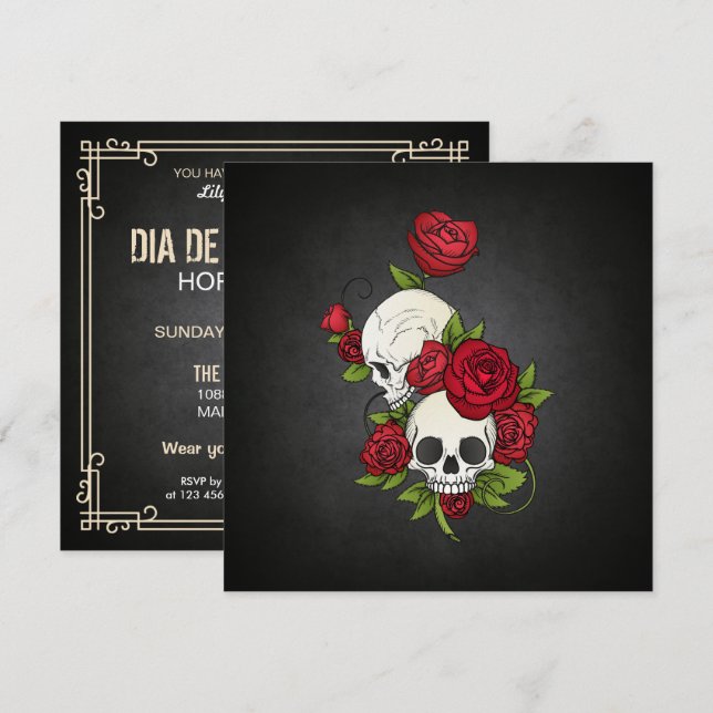 Floral Skulls Dia de los Muertos Party Invitation (Front/Back)