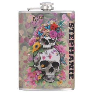 Floral Skulls Leopard Print Customisable Name Hip Flask
