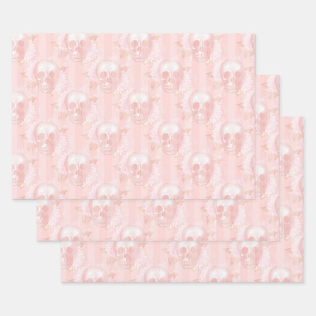 Floral Skulls on Light Pink Wrapping Paper Sheet (Set)