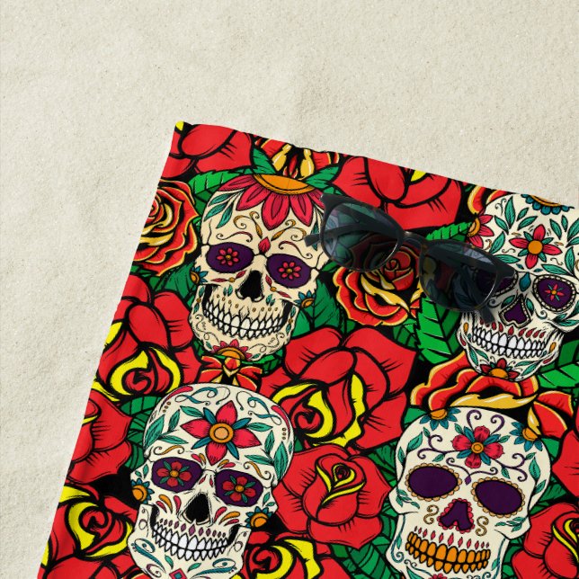 Floral Skulls Pattern Beach Towel (In Situ)