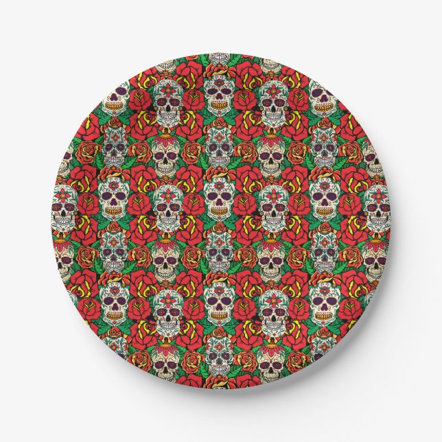 Floral Skulls Pattern Paper Plate (Front)