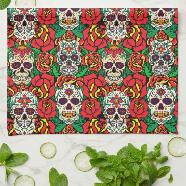 Floral Skulls Pattern Tea Towel (Folded)