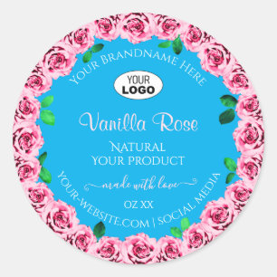 Floral Sky Blue Product Labels Pink Roses Add Logo