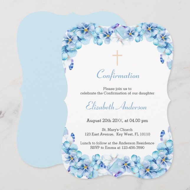Floral Sky Blue Watercolor Confirmation Invitation (Front/Back)