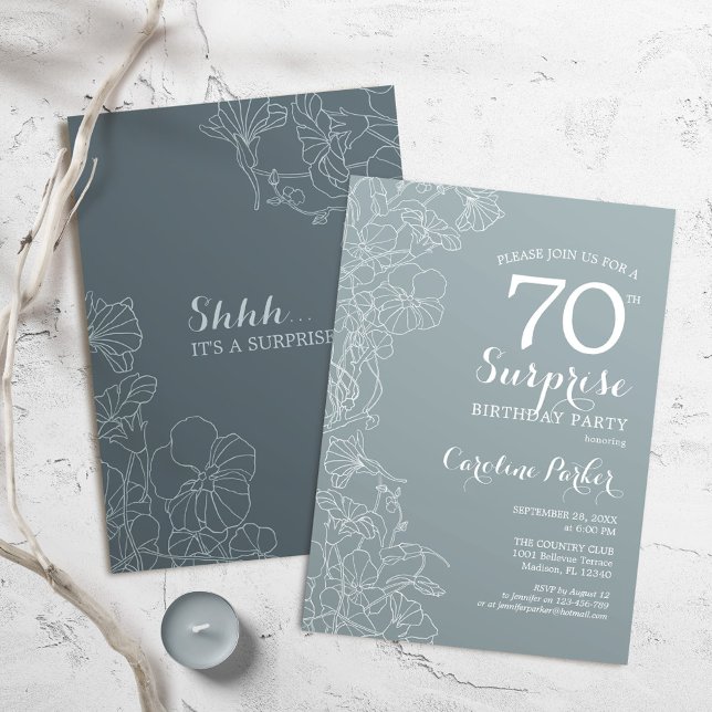 Floral Slate Blue Surprise 70th Birthday Party Invitation (Creator Uploaded)